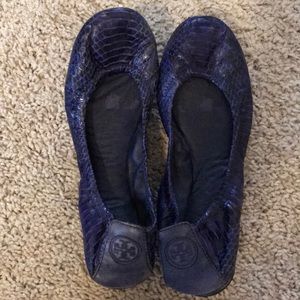 Tory Burch blue snakeskin ballet slip on flats